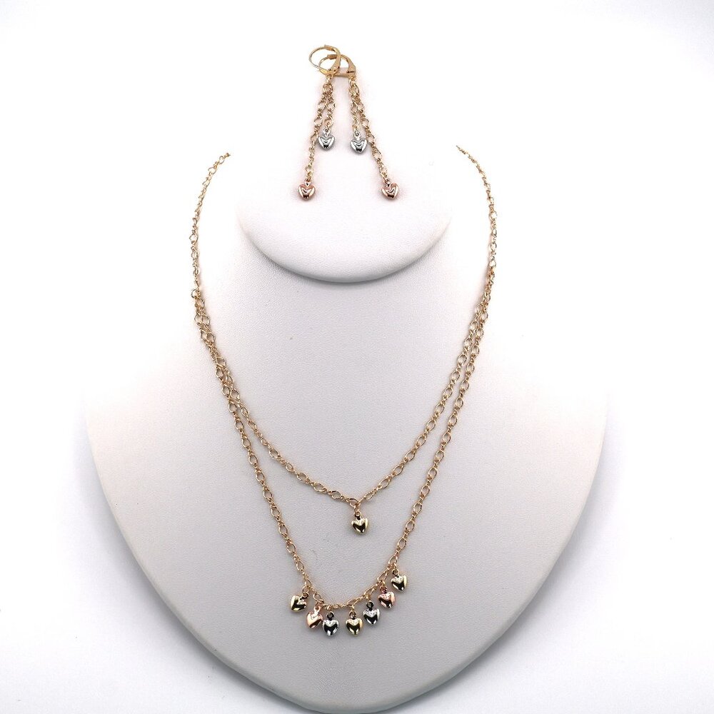 Women's 14K Gold Plated 3-Tone Heart Charms Necklace & Earrings Jewelry Set